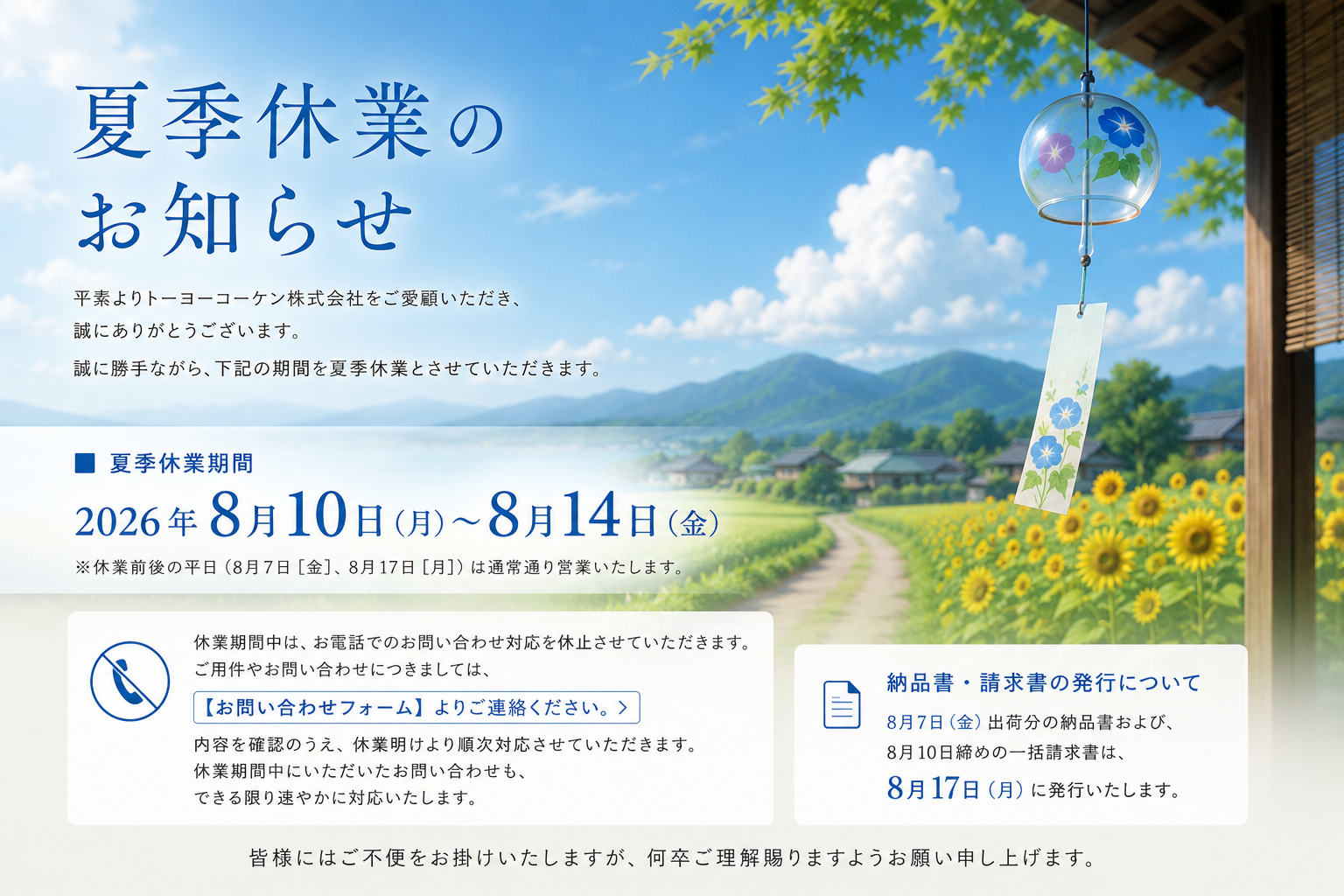 トーヨーコーケン株式会社 夏季休業のお知らせ